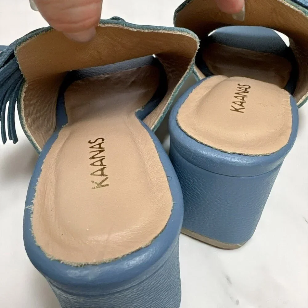 Kaanas Blue Pompom Leather Loafer Mule Sandal